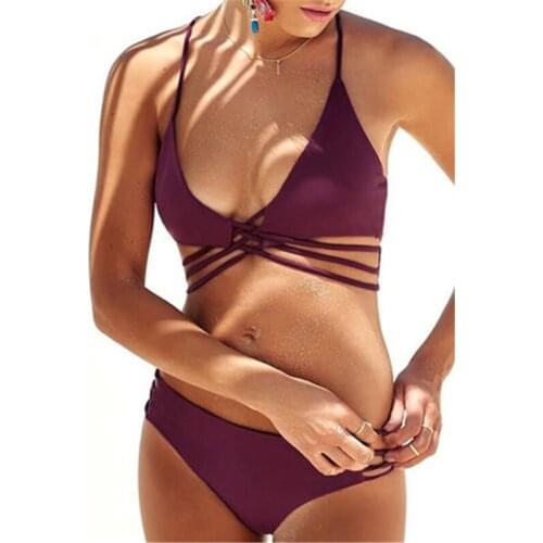 2018 Biquinis solid bandage cross bikini set women Brazilian halter Push up Padded bra low waist triangle swimsuits beachwear
