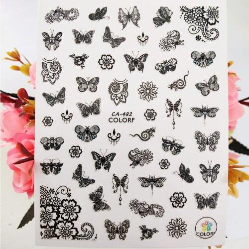 3D Nail Sticker Art Black White Butterfly Lotus Adhesive Design Stickers for Nails Decoraciones Foil Decals Manicure Accessories
