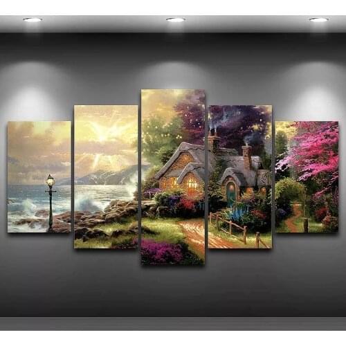 5 Panel Seashore Cottage Classic Oil Painting Hd Print Canvas Wall Art Modular Picture Modern Frame For Living Room Decor