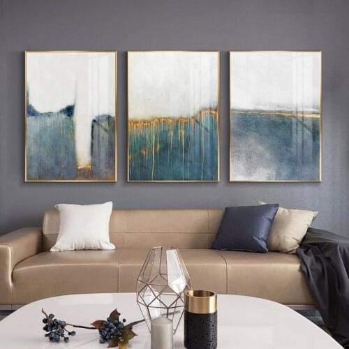 Abstract Golden Blue White Wall Art Painting Scandinavian Canvas Poster Print Modern Pictures for Living Room Aisle Home Decor
