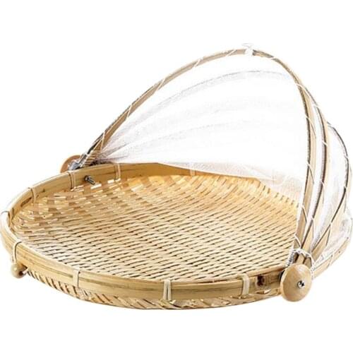 Bamboo Food Serving Tent Natural Handmade Woven Tray with Mesh Food Storage Basket Meal Table Serve with Cover for Home Kitchen