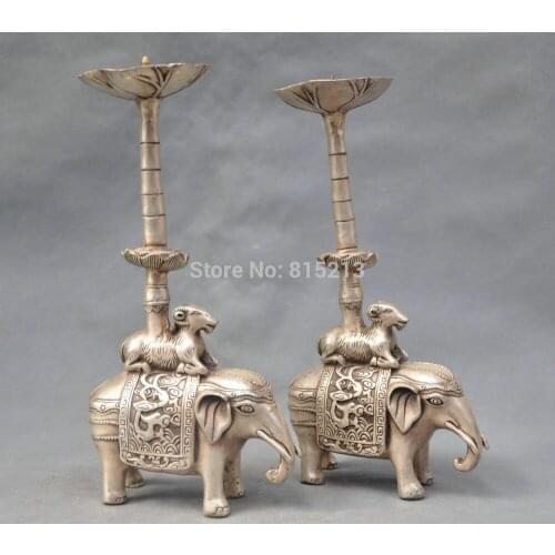 Bi0011760 China Silver Bronze pair elephant candle stick Bronze Statue