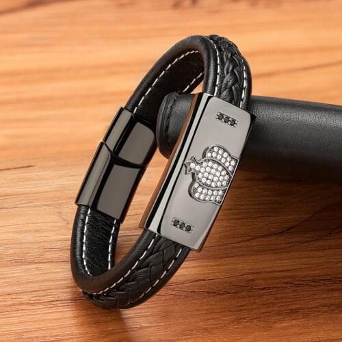 Classic Style Stainless Steel Black Leather Mens Bracelet Luxury Crown Cubic Zirconia Magnet Buckle Bangle DIY Size Custom LOGO