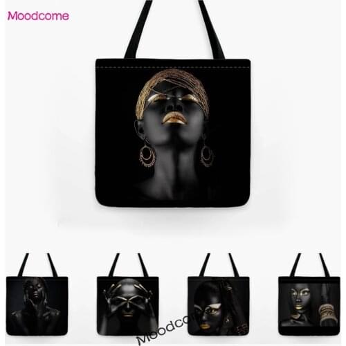 Black Elegant Fashion African Woman Girl Princess Luxury Water Resistant Cotton Linen Shopping Bag Shoulder Bag Large Tote Bag