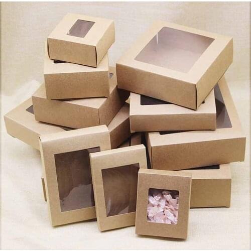 Hot sale new 20pcs DIY gift box with window Vintage kraft candy box cake Packaging For Wedding home party suppiles packaging box