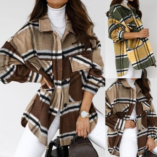Women Turn Down Collar Oversize Long Sleeve Pockets Single-breasted Plaid Jacket Woolen Coat Cardigan Outwear