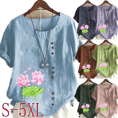 Summer Casual Floral Print Loose T-shirt Retro Cotton and Linen O-neck Plus Size Short-sleeved Womens Top S-5XL