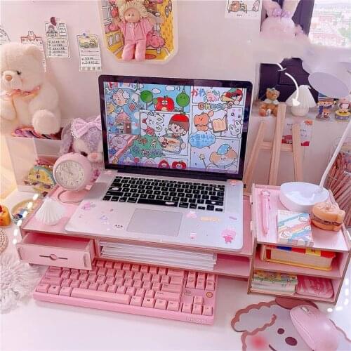 Pink Wood Notebook Increase Bracket Lovely Girl Computer Desktop Computer Lift Shelf Laptop Bracket Dolls Collection