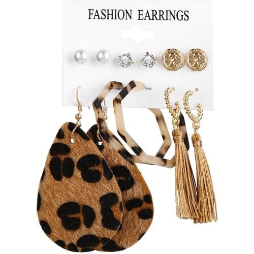 Tassel Leopard Print Vintage Acrylic Earrings Set 6 Pairs for Women Bohemian Long Stud Earring Female Brincos Beach Jewelry Gift