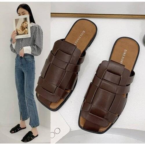 Cross Weaving Narrow Band Sandalias Mujer Ankle Buckle Square Toe Flats Slippers Vintage Cut-out Gladiator Sandals Casual Shoes