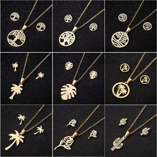 Sasusp Fashion Tree of life Pendant Necklace For Women Stainless Steel Cactus Flower Leaf Statement Necklace Chain femme Gift