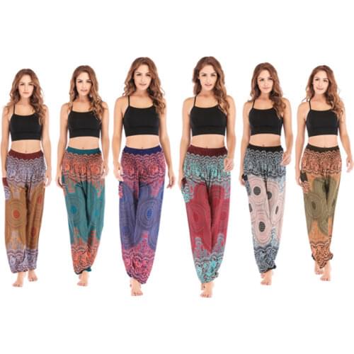 Style Bohemian Pants High Waist Bloomers Geometric Round-shaped Womens Floral Pants Summer Thai Clothes Side Pockets Thin Pants