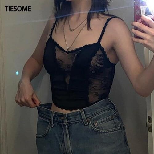 TIESOME Gothic Sexy Mesh Black Camis Punk Patchwork Strap V-neck Transparant Women Crop Tops Hollow Out Front Summer Clubwear