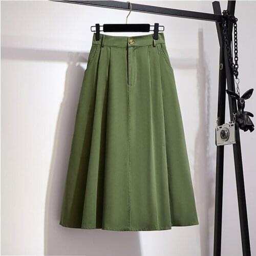 Women Cotton Skirt 2021 Spring Summer Preppy Style Solid Casual Elegant Pocket Elastic High Waist A-Line Midi Skirts Faldas