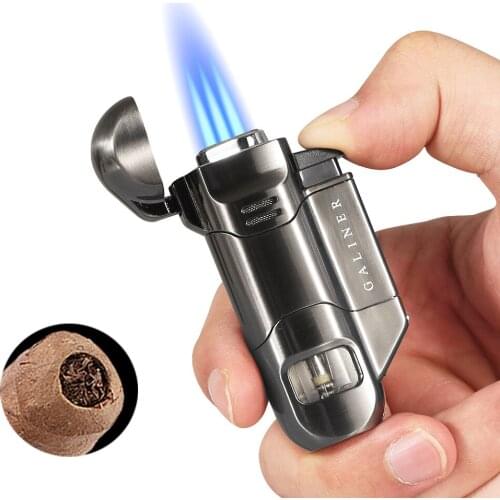 Galiner Cigar Torch Lighter Windproof Mini Butane Lighter Gas 3 Blue Flame Jet Cigar Lighter Outdoor Cigar Punch Accessories