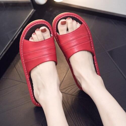 Womens Summer Home Slippers Soft Genuine Leather Couples Indoor Shoes Solid Color Anti-Skip Mens Slippers