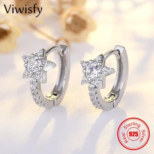 Viwisfy Star Jewelry Crystal 100% Real 925 Sterling Silver Hoop Earrings For Women VW21430