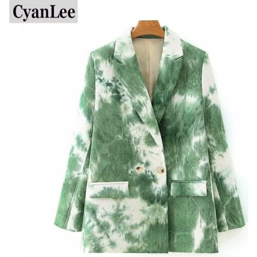 Coat Women Tie-dye Hit Color Double Breasted Blazer New Lapel Long Sleeve Loose Jacket Fashion Tide Spring Autumn 2020 Tops