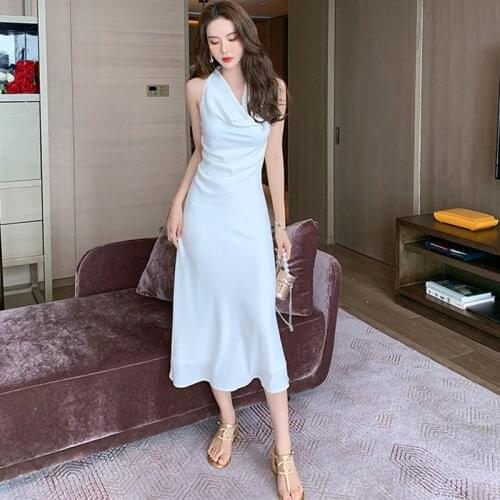 Fashion French Casual Sexy Tank Sleeveless Midi Party Dress Ladies Coffee Break Elegant Robe Vintage Swinging Collar Satin Dress