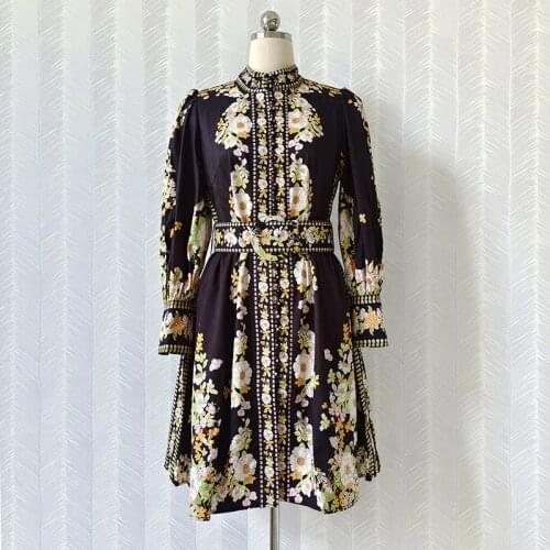 Summer 2021 New Designer Womens Flroal print stand collar long sleeves Vintage dress B950