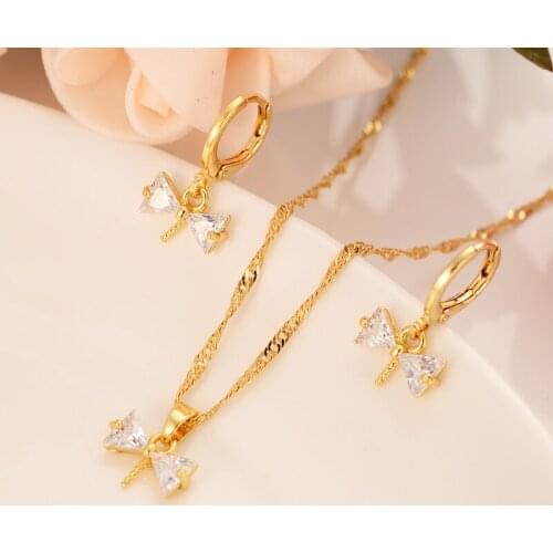 Gold crystal diamond bow cute jewelry set woman/girl necklace earrings jewelry set wedding bridal jewelry holiday gift