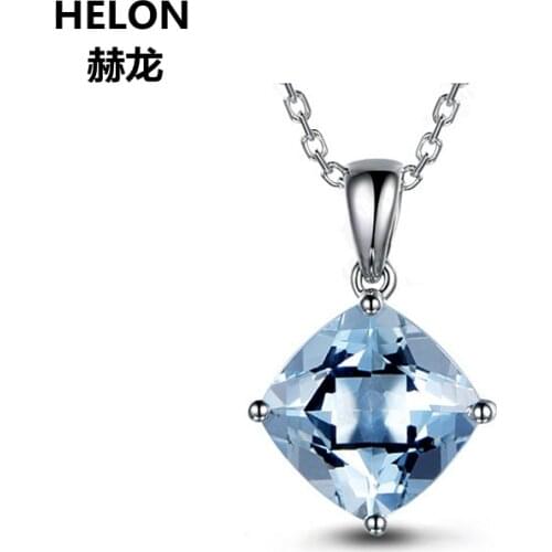 12x12mm Cushion Cut 100% Natural Sky Blue Topaz Women Pendant Solid 14k White Gold Fine Jewelry Pendant