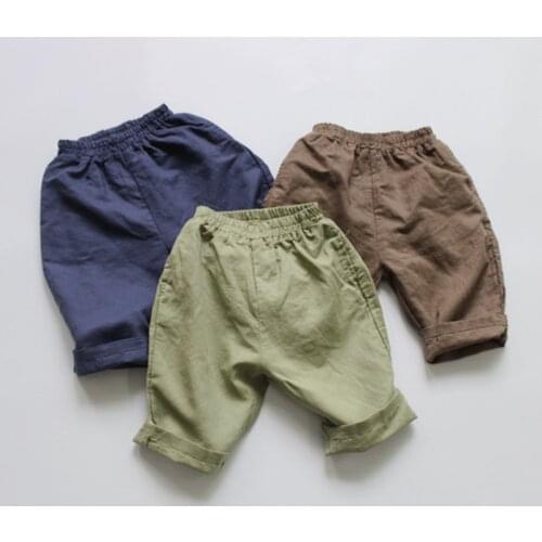 2020 Summer Baby Boys Linen Cotton Calf-length Pants Korean Style Kids Clothes Pure Color Loose Children Casual Trousers