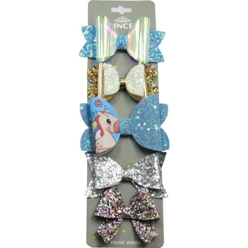 5PCS/SET Pretty Blue Unicorn Baby Girls Clips Leather Bows Child Tie Knot Creativity Handmade Hairpins Hair Accessories For Kids