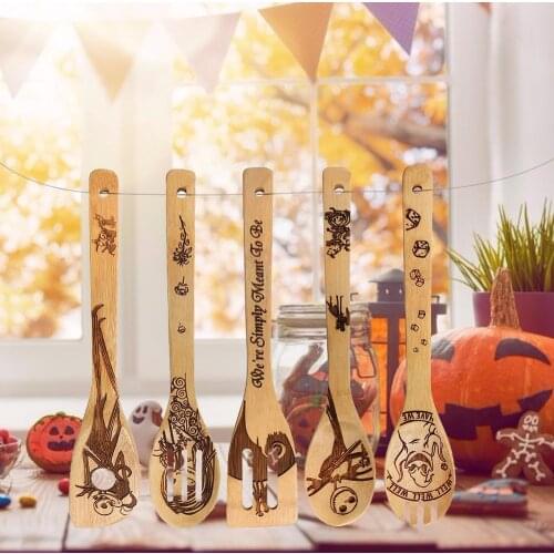 5pcs Portable Tableware Wooden Spoons Halloween Gift Idea Utensil Burned Set House Party Warming Wedding Cookling Set