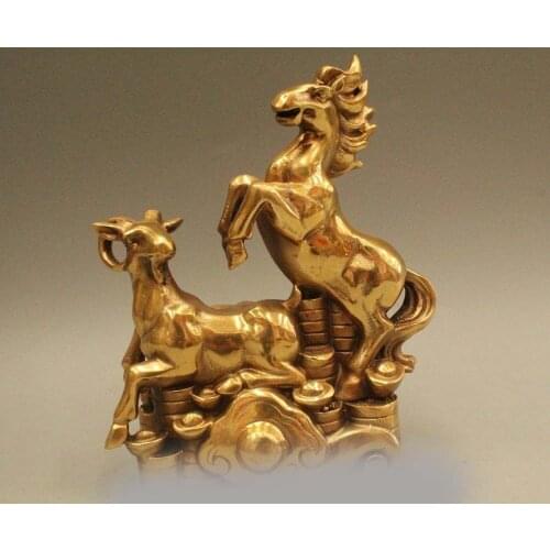 6"China Chinese Fengshui Brass Zodiac Year Lucky Money Sheep Horse Wealth Statue