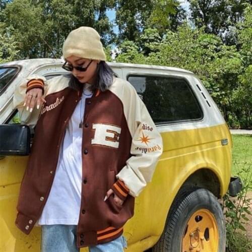 Oversized streetwear retro baseball uniform jacket womens Harajuku style PU leather contrast stitching mens casual jacket tops