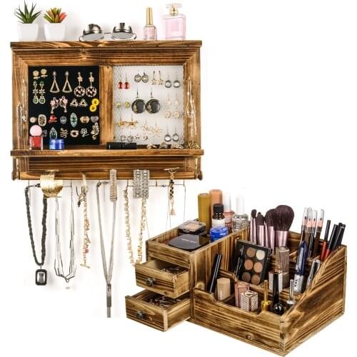 Wooden Cosmetic Jewelry Storage Box Cabinet Organizer Makeup Brush Necklace Earrings Watch Display Rack Drawer Holder
