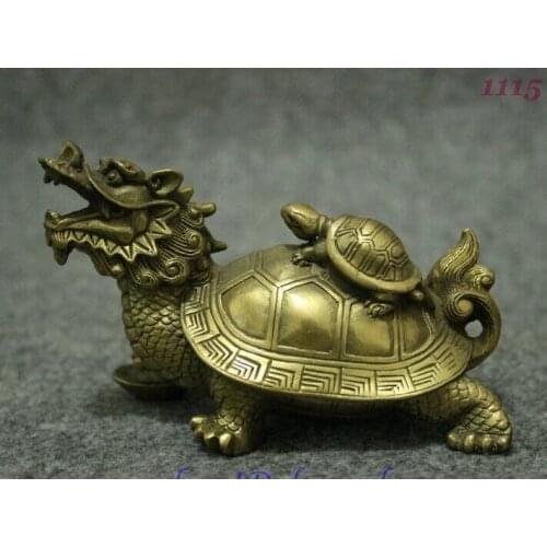 Folk Chinese Brass Copper Longevity tortoise On Dragon Turtle Statue Figurine