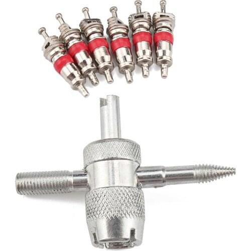 Valve Tool 4 in 1 Way Car Motorcycle Bike Tyre Tire Valve Repair Remover Tool with 6 Brass Valve Cores for All Vehicle