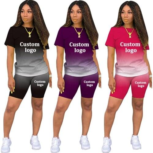 Custom Logo Summer Sexy Two-Piece Womens Gradient Print Clothing Short-Sleeved Crew Neck T-Shirt Shorts Tracksuit Outfits