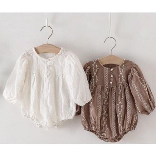 Retro Style Flower Embroidery Cotton Long Sleeve Bodysuits Spring Autumn Newborn Baby Girls Jumpsuit Overall Baby Girls Clothes