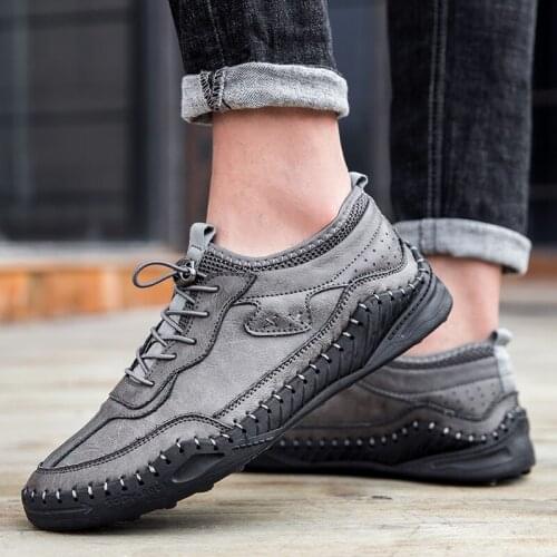 Fashion Men Genuine Leather Casual Flats Lace-up Sneakers Men Comfortable Lightweight Breathable Walking Non-slip Sneakers