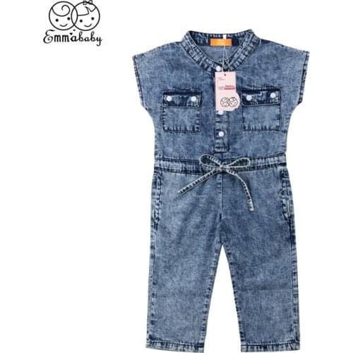 Summer Fashion Toddler Kids Baby Girls Short Sleeve Button Denim Romper with Pockets Jumpsuit Romper Clothes Outfit Playsuit