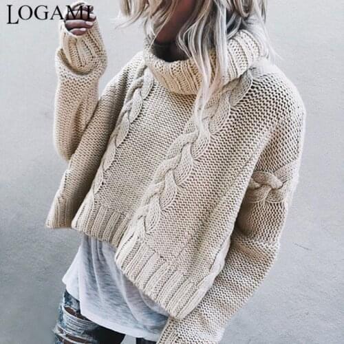 LOGAMI Autumn Winter Turtleneck Thick Pullover Sweater Women 2019 Fashion Knitted Short Sweater Jumpers Women Tops