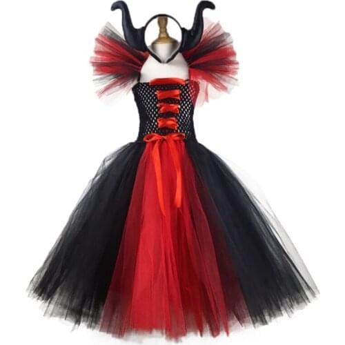 Girls Maleficent Evil Queen Tutu Dress Kids Black Red Crochet Tulle Dress Ball Gown with Hairbow Children Party Costume Dress