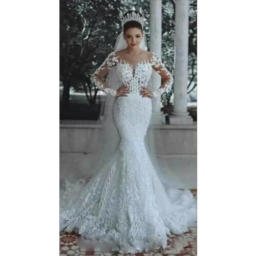 Modern New 2019 Romantic Gorgeous Long Sleeve Mermaid Wedding Dresses Beading Lace Princess Bridal Gown Custom Made Appliques Se