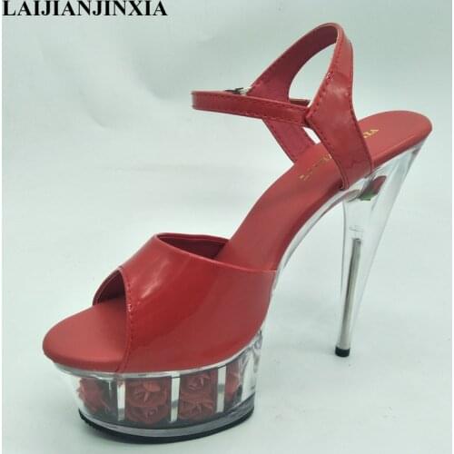 LAIJIANJINXIA New Red Patent Leather 15CM High Heel Sandals Clear Platform Rose Flower Ladies Ankle Straps Open Toe Summer Shoes