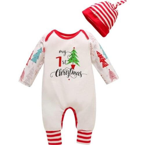 Autumn Baby Girl Boy Christmas Letter Print Pattern Infant Long Sleeve Bodysuit+Hat Newborn Romper Set