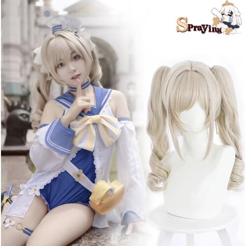 Genshin Impact Wig Barbara Cosplay Beige Curly Hair Wave Heat Resistant Synthetic Wigs Halloween Masquerade Hair Anime Clothes