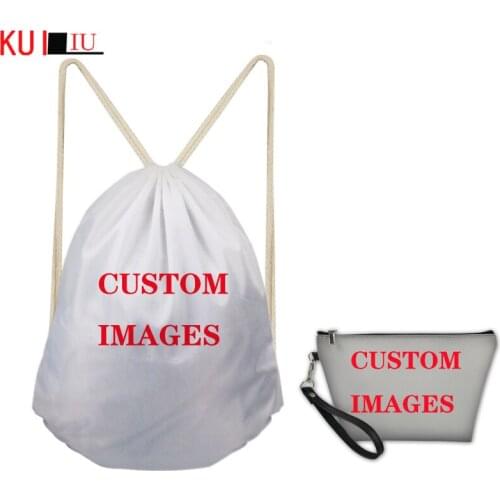 KUILIU Custom Image / Logo / Name Personalized Drawstring Bag Women Men Cosmetic Bag 2pcs Set Backpack Travel Bags Softback Bag