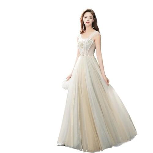 New Light Grey Evening Dress 2019 Long Prom Party Dresses Beaded Crystal a Line Organza Banquet Sleeveless Dresses Haute Couture