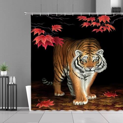 Ferocious Tiger Pattern Shower Curtain Wild Animal Tigers Maple Leaves Forest Scenery Bathroom Curtain Waterproof Home Decor Set