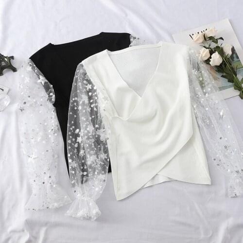 2019 Summer Female T-shirt New Sexy Sequins Mesh Sleeves Stitching Cross Sexy V-neck Knit Tshirt Women