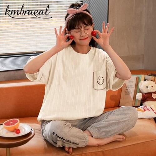 Plus Size Womens Pajamas Summer Short-Sleeved Trousers Printed Sleepwear Girl Cute Cartoon Sleep Tops Cotton Casual Homewear