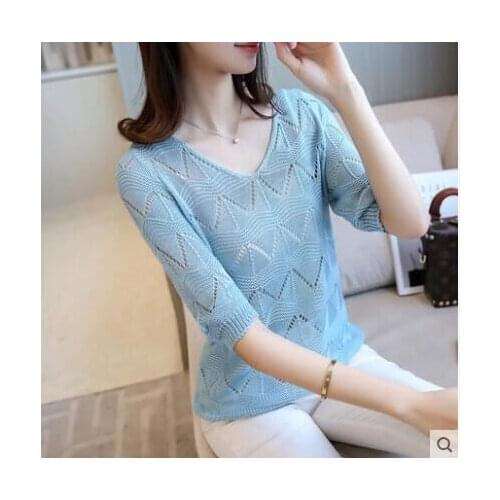 Summer 2019 New Korean Crochet Hollow V-collar Womans Ice Silk Short Sleeve Sleeve Knitted Bottom Shirt Thin